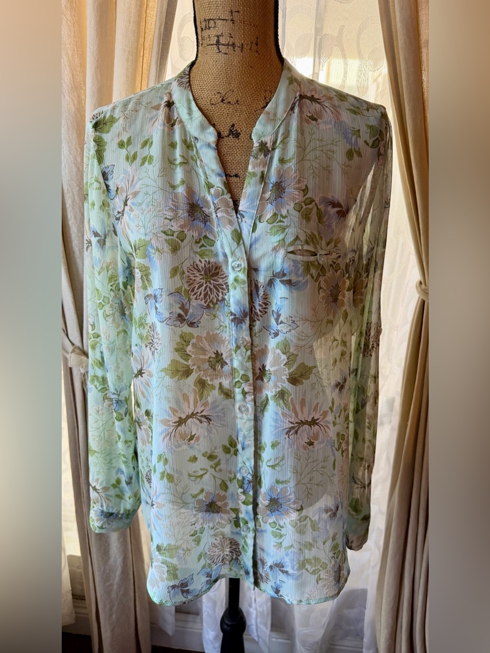 KUT From The Kloth Floral Chiffon Blouse Sheer Mint Blue Size L - Picture 2 of 10
